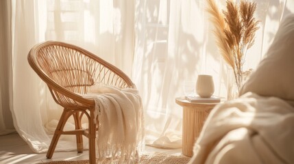 Room interior Mock-up template in modern minimalist aesthetic. Organic template for product showcase with copy space. Bohemian stationery for local business with place for text.