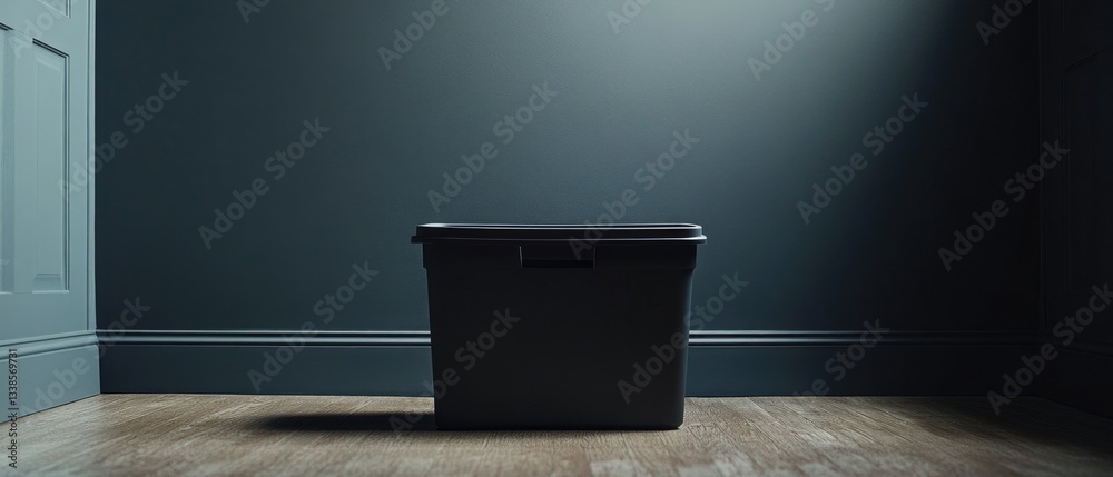 Poster a black trash can sits in the corner of a room, ready for use