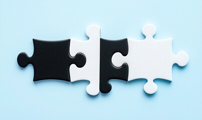 Three jigsaw pieces, black and white, fit together against a blue background. Connection, compatibility, and unity are illustrated
