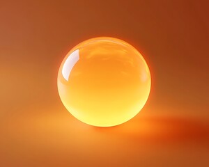 A perfectly round glass sphere glowing softly on a burnt orange solid background