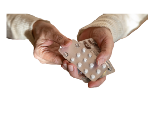 Old woman 70s taking white pill. Grandmother putting tablet. Close up PNG