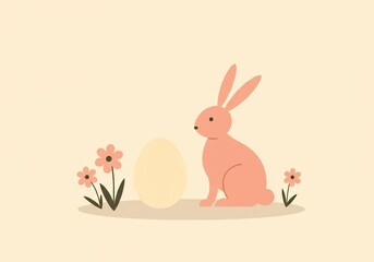 Fototapeta premium Simple Easter Illustration of a Bunny and Egg Surrounded by Flowers