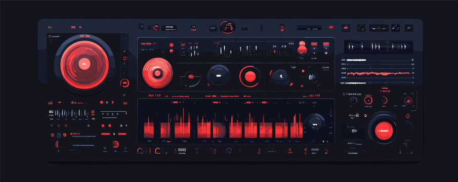 Futuristic audio mixing console with red and black controls in dark digital interface.