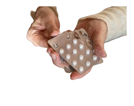 Old woman 70s taking white pill. Grandmother putting tablet. Close up PNG