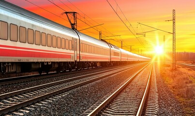 Naklejka premium Train glides on tracks into a bright, fiery sunset, horizon aglow with vibrant orange and yellow hues