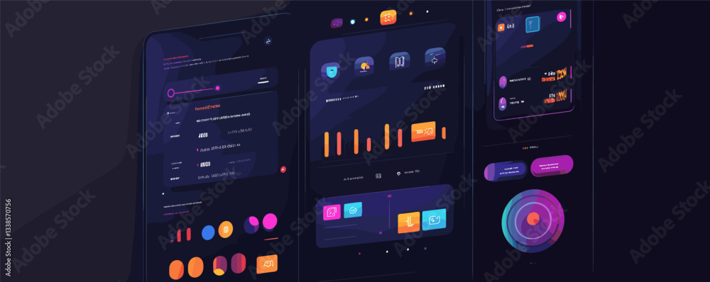 Poster modern dark-themed ui dashboard design with graphs and data visualizations.