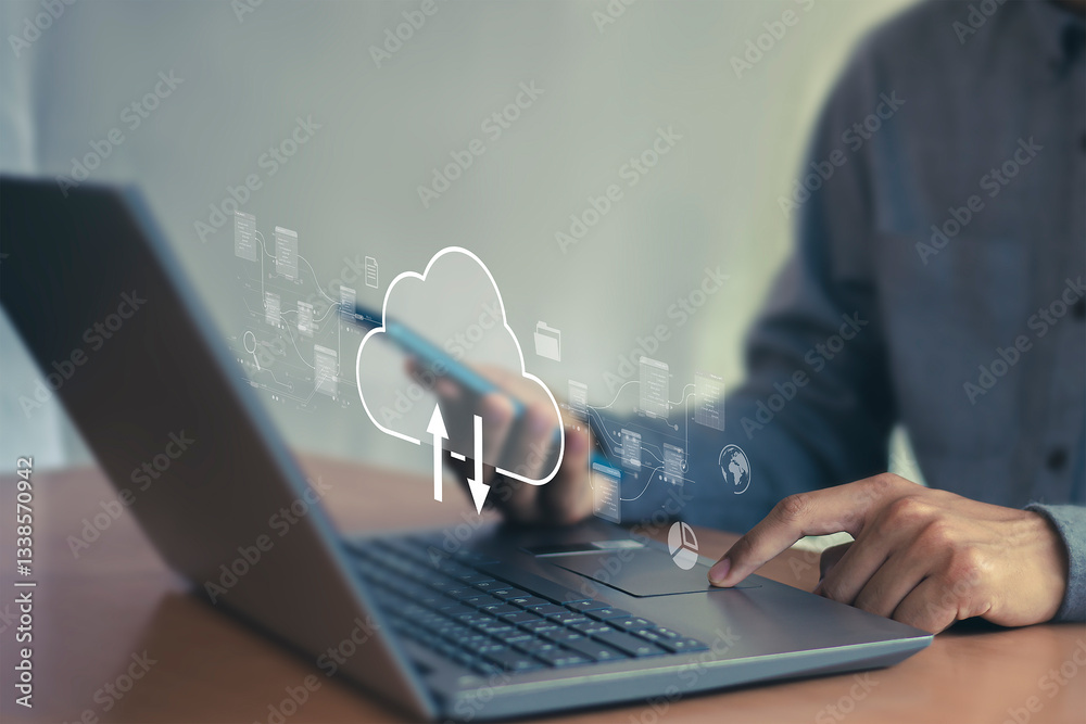 Wall mural cloud computing shown in hand cloud technology data storage, data transfer, network and internet ser