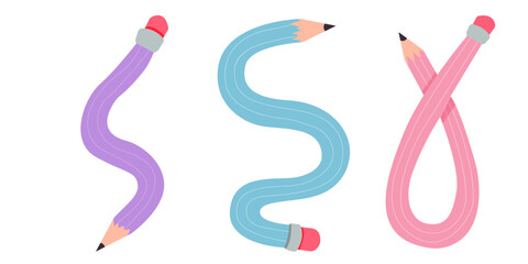 Obraz premium Twisted curved comic pencil doodle sketchy. Line hand drawn simple pencil. Funky flexible school supplies. Trendy writing tool