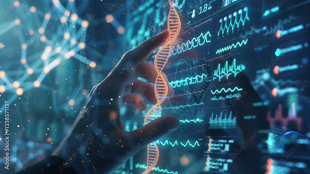 Poster This hand manipulates a digital DNA strand amid complex data displays and bioengineering visuals.