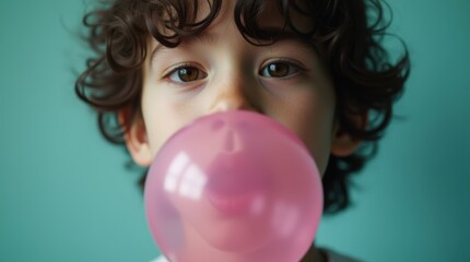Naklejka premium Young man with dark curly hair blows a glossy pink bubble, set against a muted teal background with soft lighting, playful yet calm