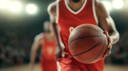 A dynamic basketball player dribbles a ball, showcasing athleticism and focus, with teammates blurred in the background.