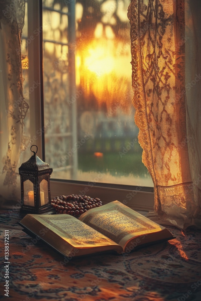 Poster An open book sits on a table next to a window, perfect for studying or reading