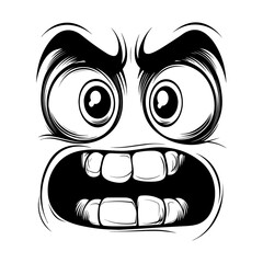 A black and white vector illustration of a cartoon frantic face, featuring exaggerated expressions, wild eyes, and dynamic lines. Ideal for comics, emoticons, branding, and humorous design projects.