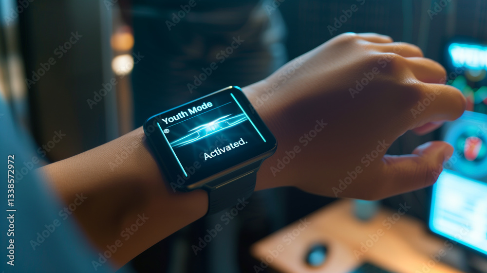 Poster This hand displays a smartwatch indicating that youth mode has been activated in a lab setting.