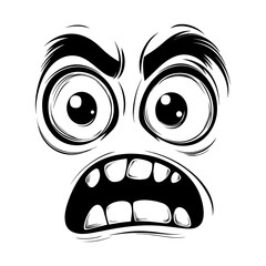 A black and white vector illustration of a cartoon frantic face, featuring exaggerated expressions, wild eyes, and dynamic lines. Ideal for comics, emoticons, branding, and humorous design projects.