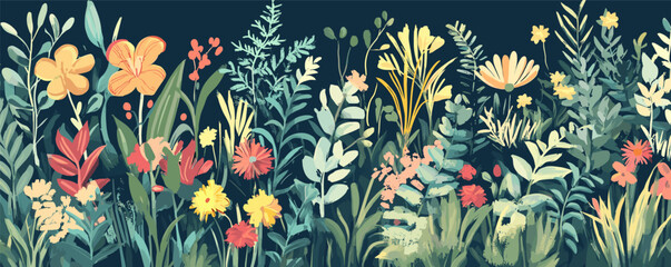 Vibrant wildflowers and lush foliage creating a colorful floral garden on dark background.