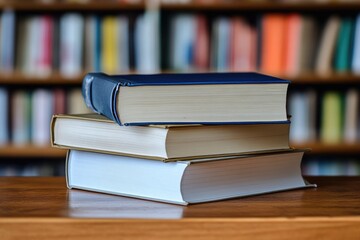 Fototapeta premium A collection of books stacked on a wooden table, perfect for educational or literary settings