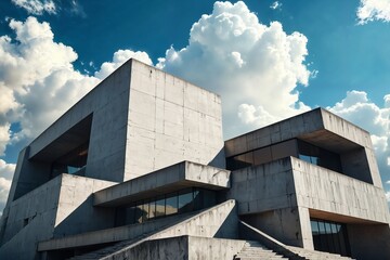 Brutalistische Architektur mit massiven geometrischen Betonstrukturen, scharfen Winkeln, Glasfl&auml;chen und sichtbaren Gussmarken unter blauem Himmel mit Wolken  
