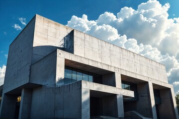 Brutalistische Architektur mit massiven geometrischen Betonstrukturen, scharfen Winkeln, Glasflächen und sichtbaren Gussmarken unter blauem Himmel mit Wolken  
