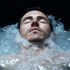 A serene portrait of a man submerged in water, surrounded by bubbles, evoking calmness and tranquility.