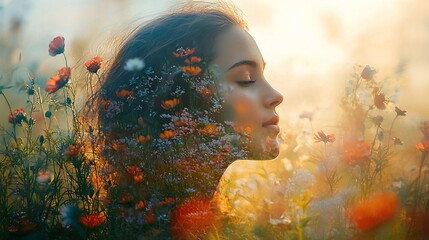 A woman in a field of flowers with a profile merging with a wildflower meadow in full bloom