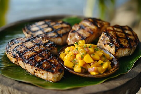A gourmet BBQ dish of char-grilled swordfish steaks with a mango salsa, served on a palm leaf plate at a tropical beach setting.