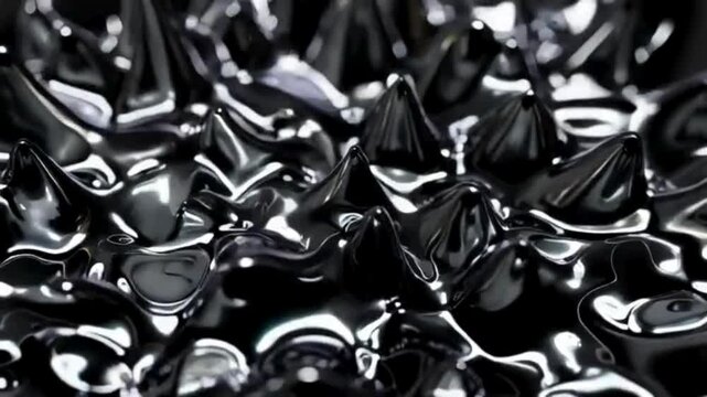 Shimmering Ferrofluid Artistic Flow,, Metallic Spikes Fluid Formation, Reflective Fluid Spikes Concept, Futuristic Ferrofluid Surface Effect, Metallic Surface Magnetic Reaction