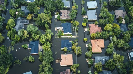 Aerial View of Suburban Neighborhood After Severe Flooding Event