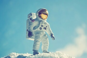 An astronaut stands on a snowy hill, looking out at the vast landscape