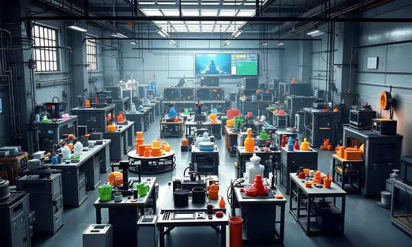 Busy 3D Printing Factory Colorful Objects and Modern Industrial Design