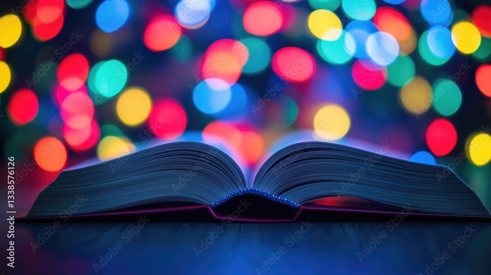 Poster a close-up view of an open book sitting on a wooden table