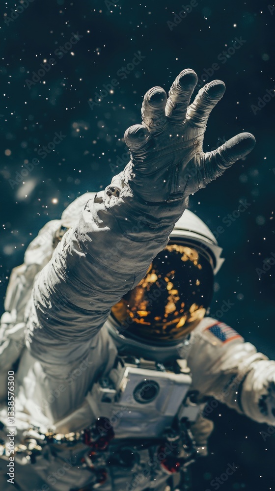 Poster an astronaut in a spacesuit reaches for the stars, inspiring and motivational image