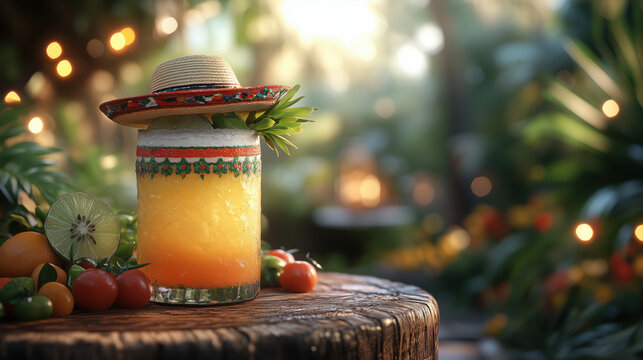 Refreshing tequila sunrise cocktail wearing sombrero in tropical garden setting. Mexico national holiday Cinco de Mayo.