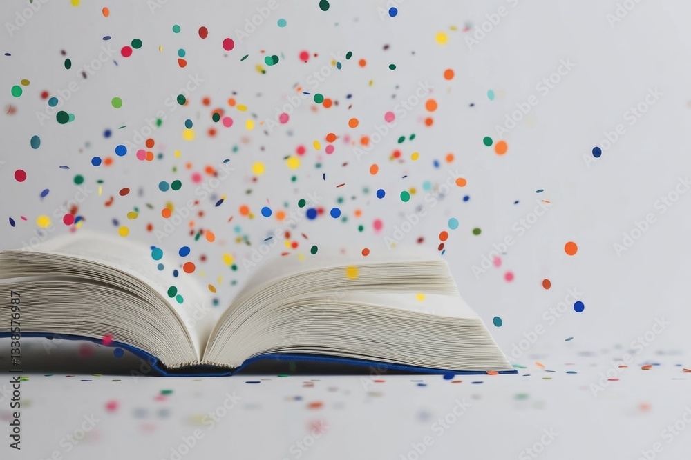 Poster a person holds an open book surrounded by confetti