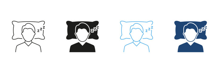 Man Sleeping On Pillow Line and Silhouette Icon Set Indicating Sleep Hygiene And Bedtime Routine. Health And Rest Outline and Solid Symbol. Editable Stroke. Isolated Vector Illustration