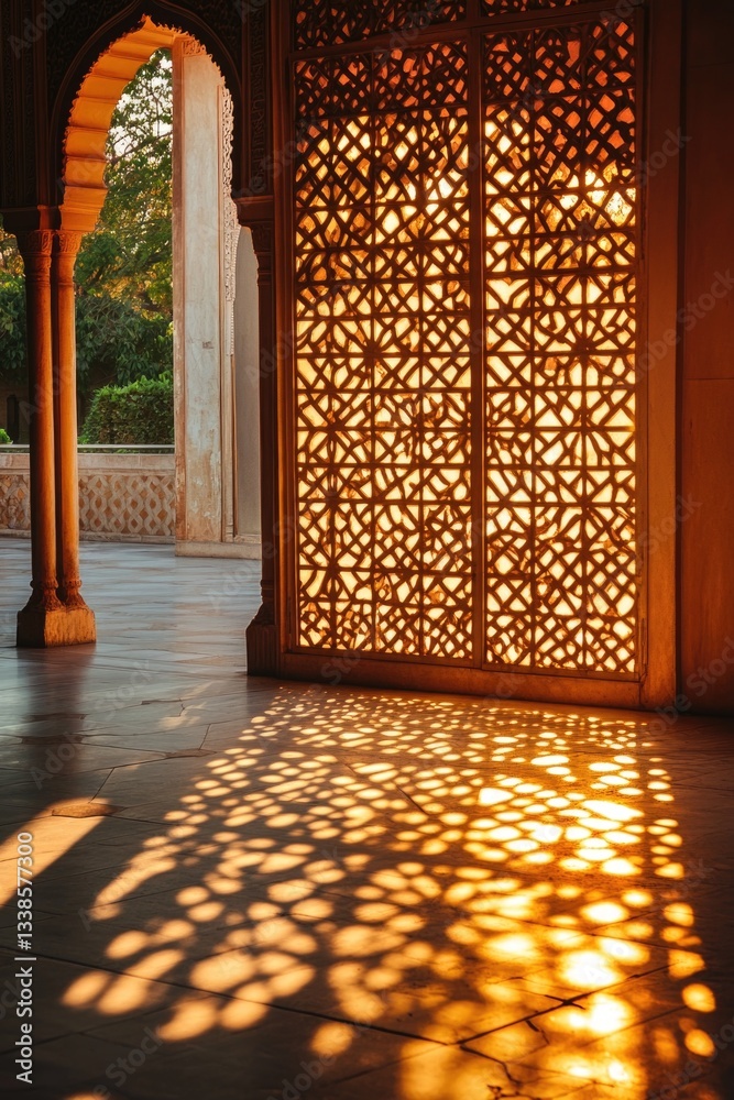 Poster A building with a decorative screen allowing sunlight to shine through, ideal for architecture and design-related projects