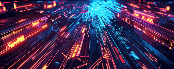 Futuristic neon cityscape with digital data streams and vibrant light trails.