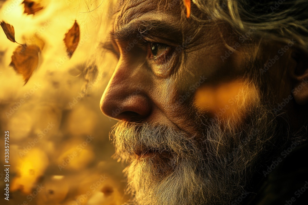 Poster close-up portrait of a man with a beard, looking directly at the camera