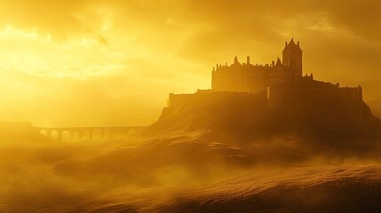 Fototapeta premium Mysterious Fortress Amidst Golden Fog at Sunset Over Hilltop