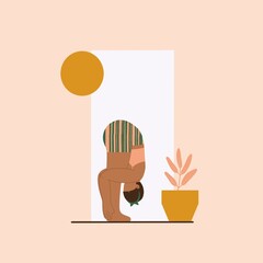 Hatha Yoga Surya Namaskar – Digital Illustration of a Woman Practicing Yoga in a Calm Natural Setting