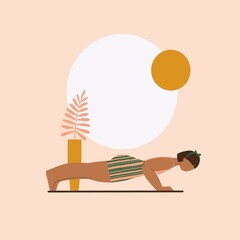 Hatha Yoga Surya Namaskar – Digital Illustration of a Woman Practicing Yoga in a Calm Natural Setting