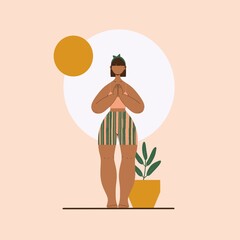 Hatha Yoga Surya Namaskar – Digital Illustration of a Woman Practicing Yoga in a Calm Natural Setting