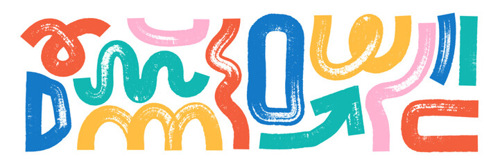 Set of abstract rough shapes with organic texture of brush, marker or crayon. Creative design elements in hand drawn style. Color vector illustration on a white background.