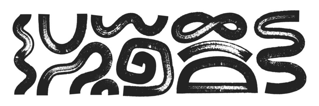Set of abstract irregular shapes with organic texture of brush, marker or crayon. Grunge design elements in hand drawn style. Black vector illustration isolated on a white background.