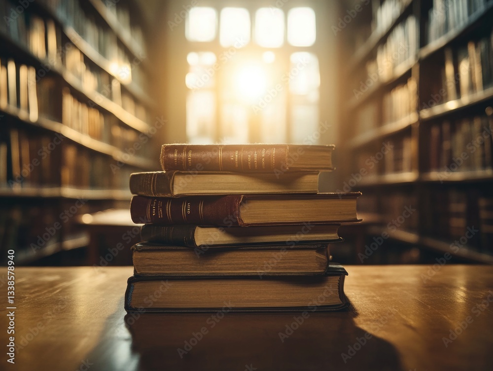 Poster a collection of books sits on a wooden table, ideal for displaying literary works or as a decorative