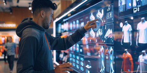 Customer Browsing Interactive Digital Screen for Sports Apparel, Shopper Selecting Clothing on Touchscreen in Retail Store, Man Shopping for Athletic Wear Using Digital Display in Store

