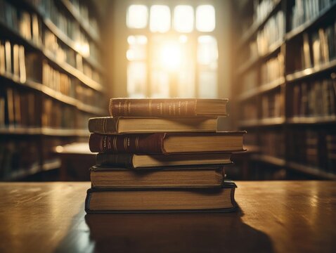 A collection of books sits on a wooden table, ideal for displaying literary works or as a decorative element