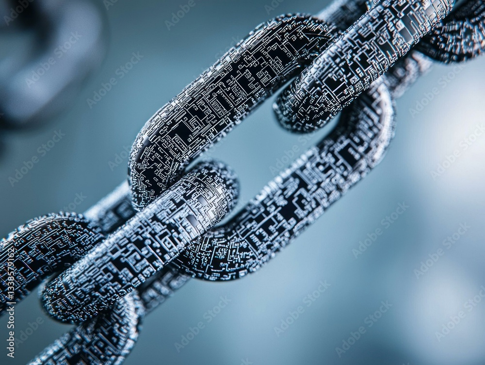 Poster Close up Detailed View of a Circuit Board Chain Links Representing Digital Security and Blockchain Technology