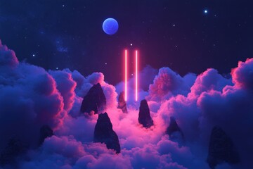 Fototapeta premium A futuristic landscape with two bright lights in the sky, suitable for use in science fiction concepts or space-themed designs