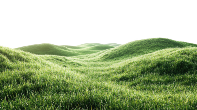 Lush green rolling hills landscape, isolated on transparent background